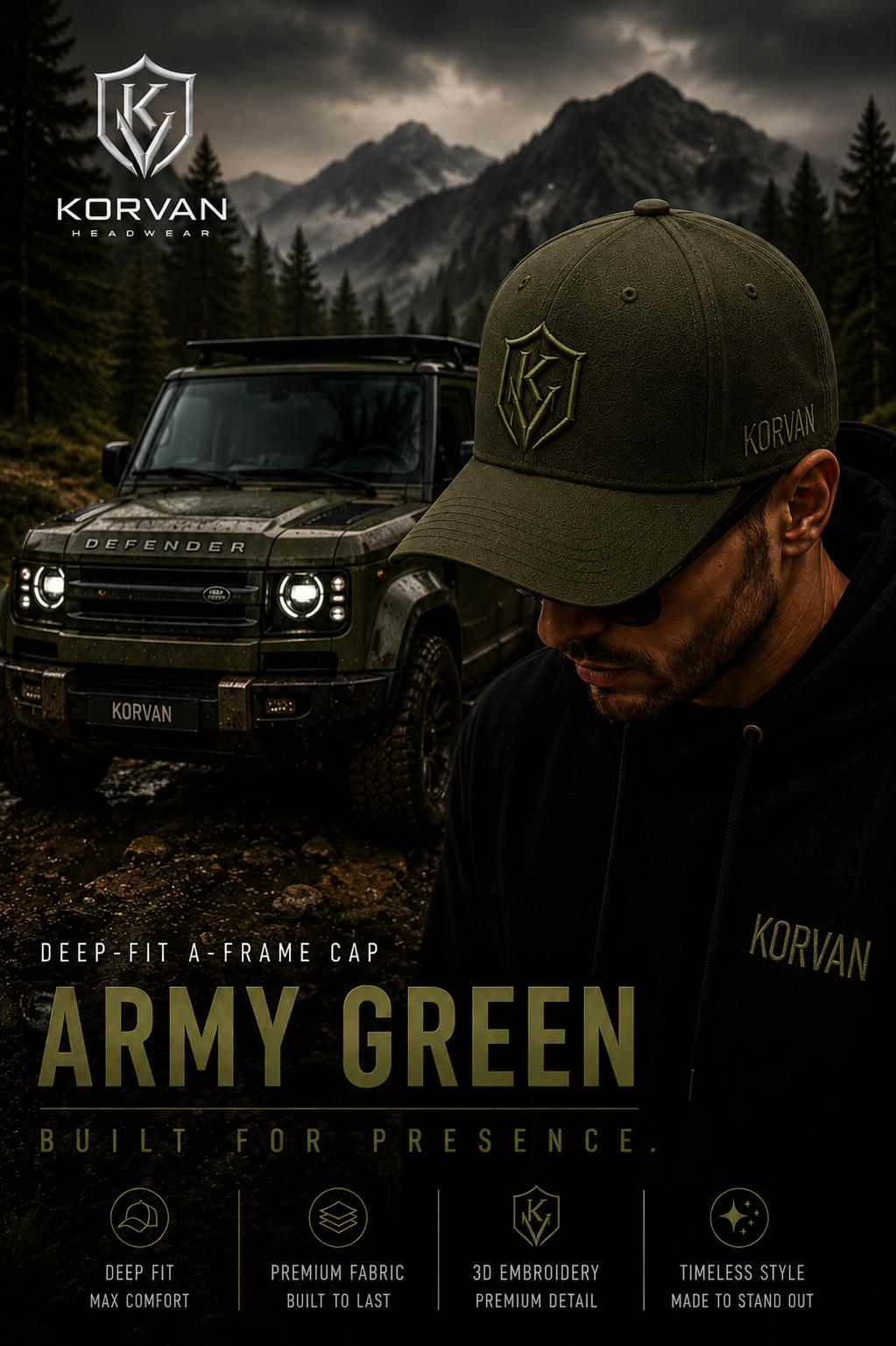 KORVAN Army Green Deep-Fit A-Frame Cap — campaign poster featuring man wearing army green cap with Land Rover Defender in mountain wilderness. Built For Presence.