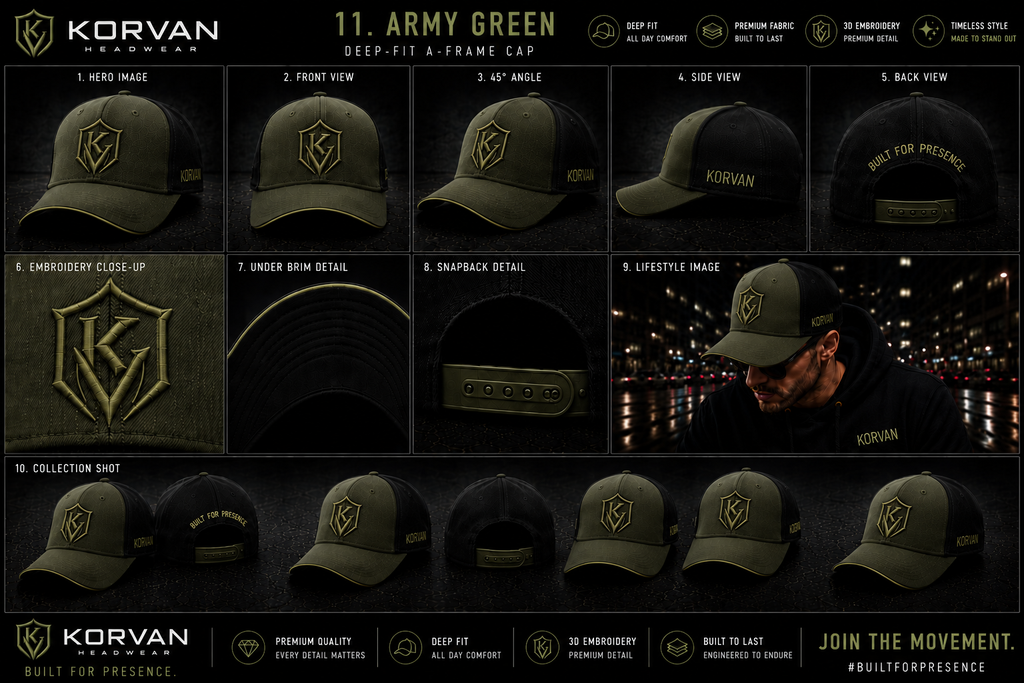KORVAN Army Green Deep-Fit A-Frame Cap — product gallery showing hero, front, 45 degree, side, back, embroidery close-up, under brim, snapback detail, lifestyle with city night lights and collection shots