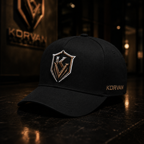 Black cap with 'Korvan' logo on a dark surface