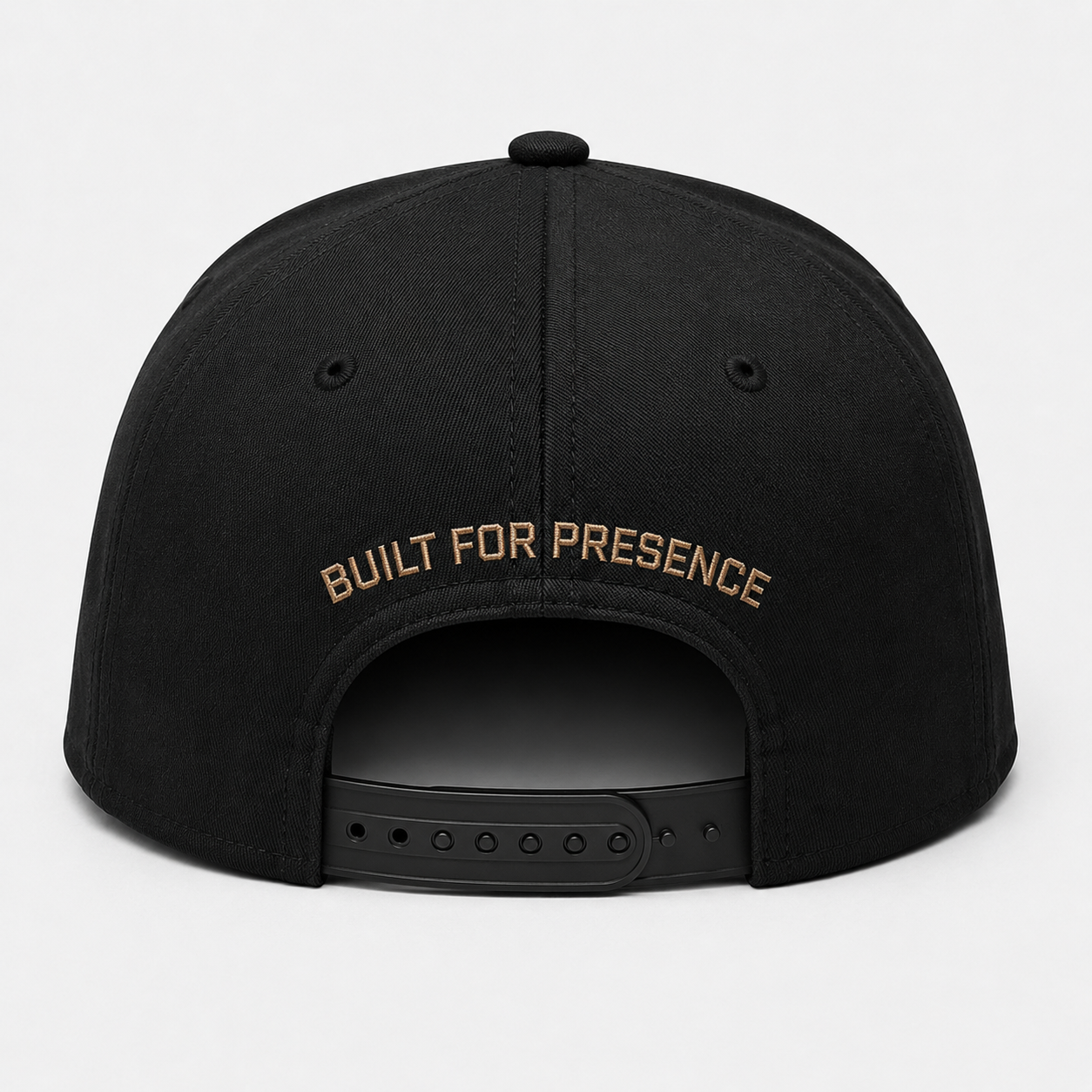 Black cap with 'Built for Presence' text on a white background