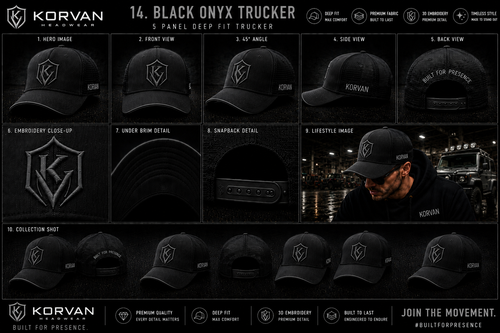 KORVAN Black Onyx 5-Panel Deep-Fit Trucker Cap — product gallery showing hero, front, 45 degree, side, back, embroidery close-up, under brim, snapback detail, lifestyle and collection shots