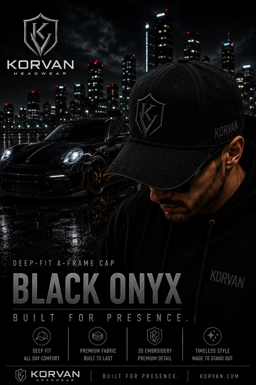 KORVAN Black Onyx Deep-Fit A-Frame Cap — campaign poster featuring man wearing all-black cap with Porsche and city skyline at night. Built For Presence.