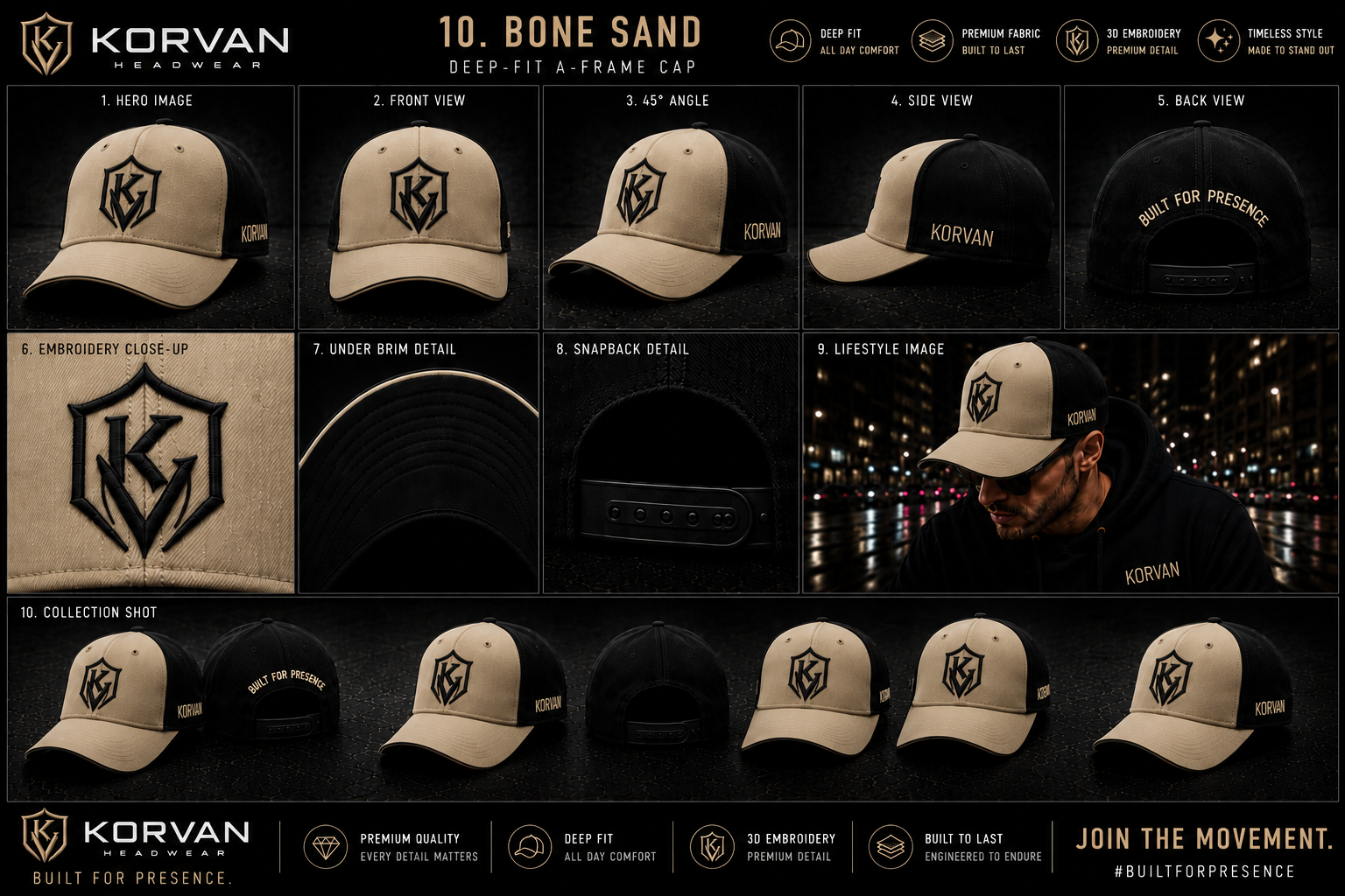 KORVAN Bone Sand Deep-Fit A-Frame Cap — product gallery showing hero, front, 45 degree, side, back, embroidery close-up, under brim, snapback detail, lifestyle and collection shots