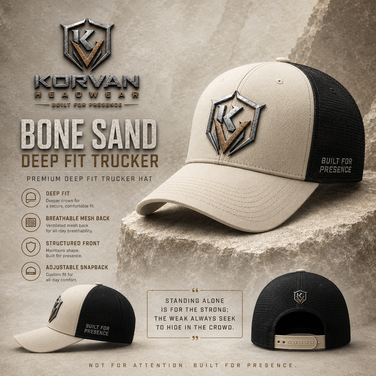 KORVAN Bone Sand Mesh Deep-Fit Trucker Hat
