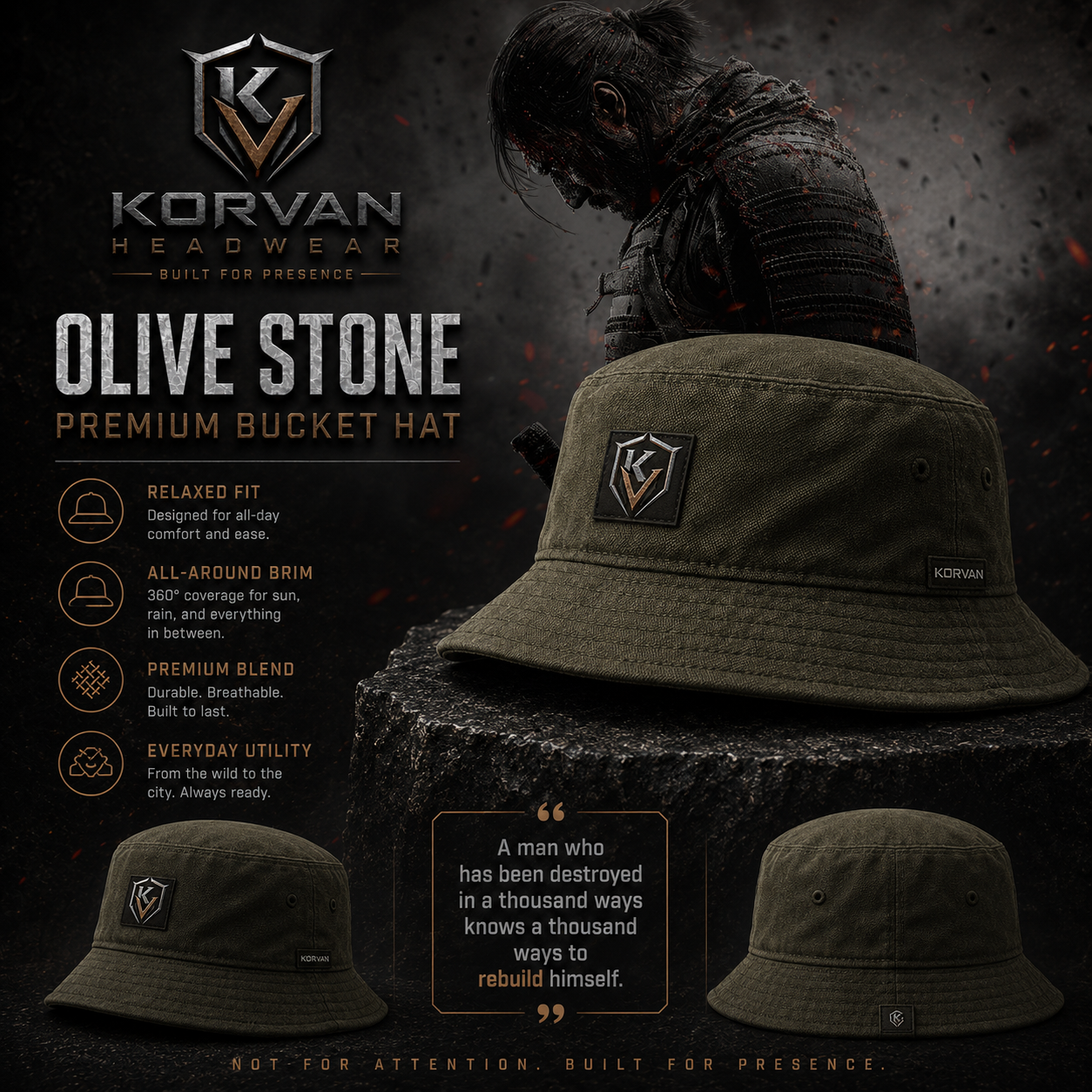KORVAN Olive Stone Bucket Hat