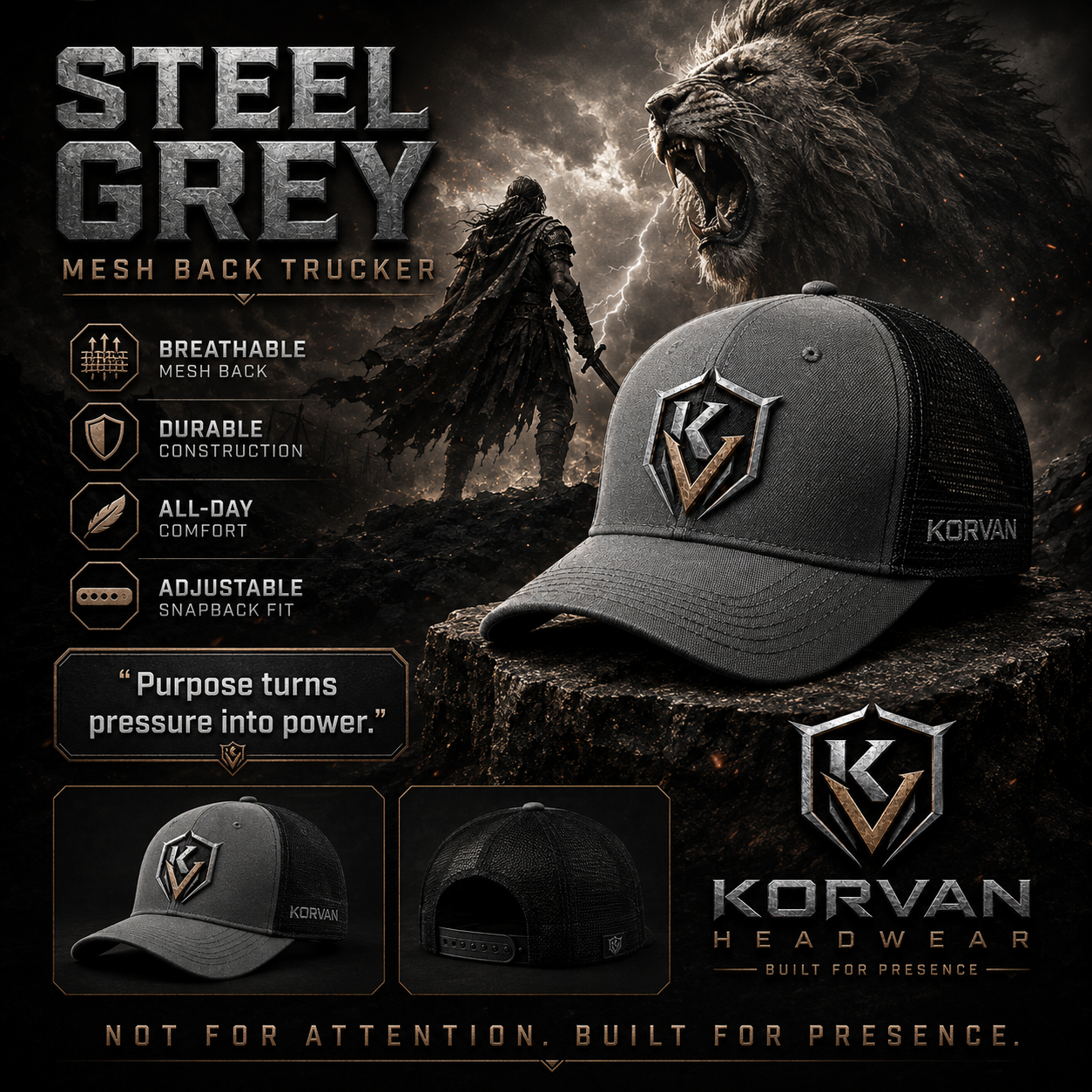 KORVAN Gunmetal Grey Mesh-Back Trucker Cap