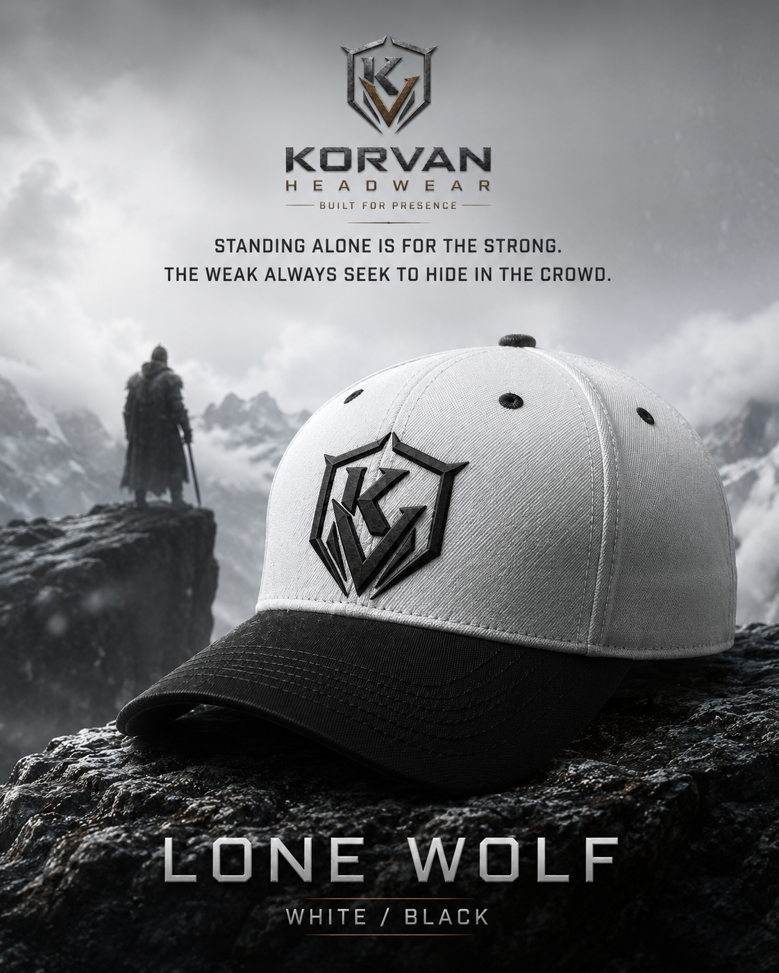 KORVAN Lone Wolf White/Black Deep-Fit A-Frame Cap