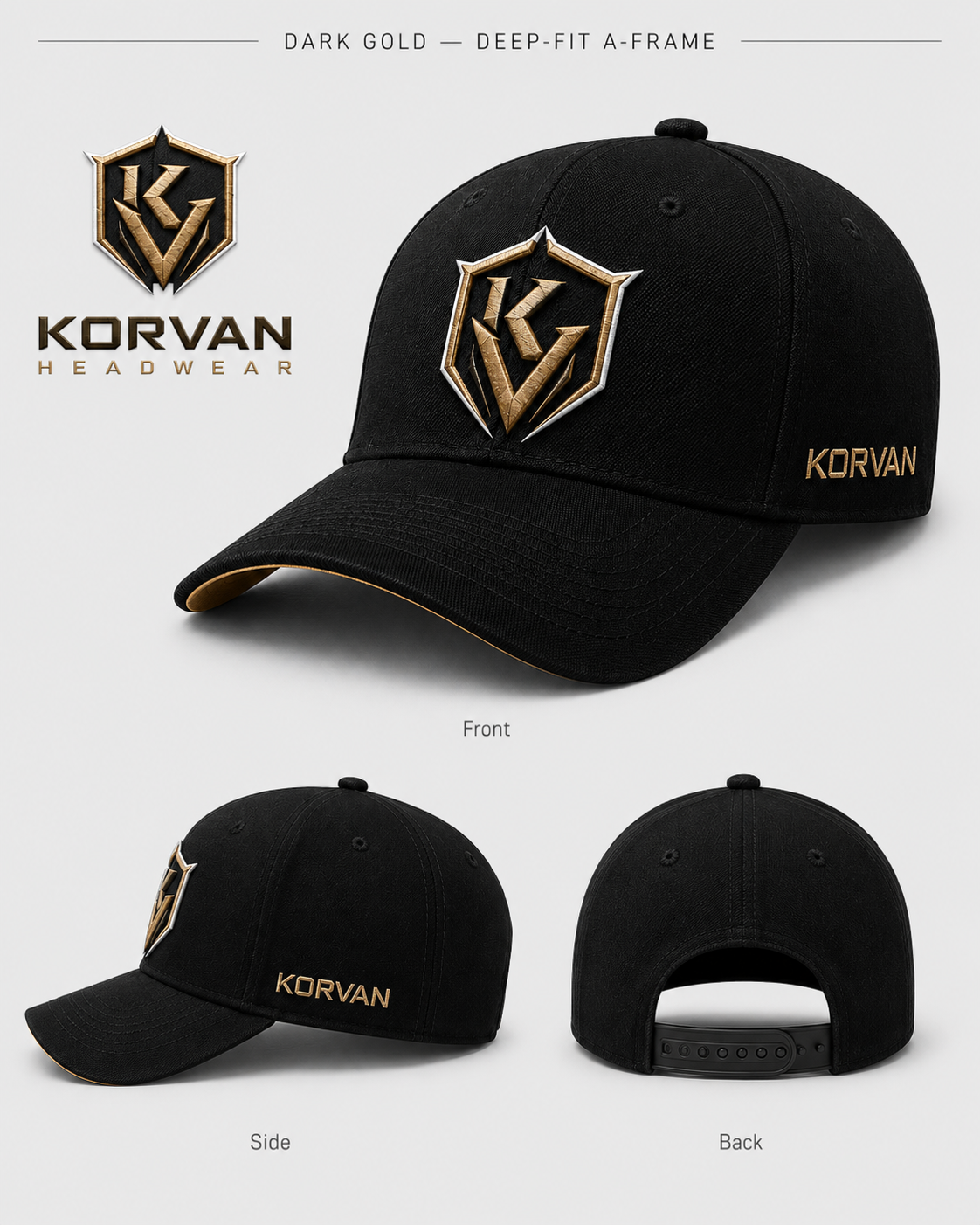 Black cap with gold logo and 'Korvan' branding on a white background