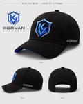 Black cap with blue logo and 'Korvan' branding on a white background