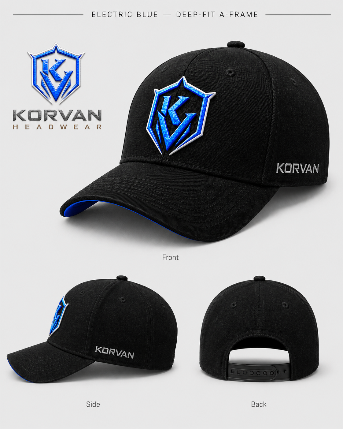 Black cap with blue logo and 'Korvan' branding on a white background
