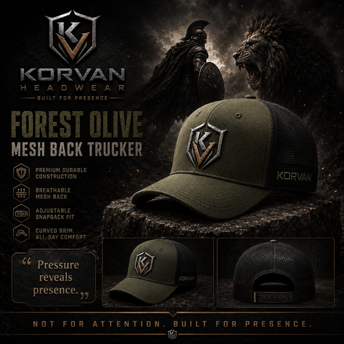 Korvan headwear cap with detailed text and branding on a dark background