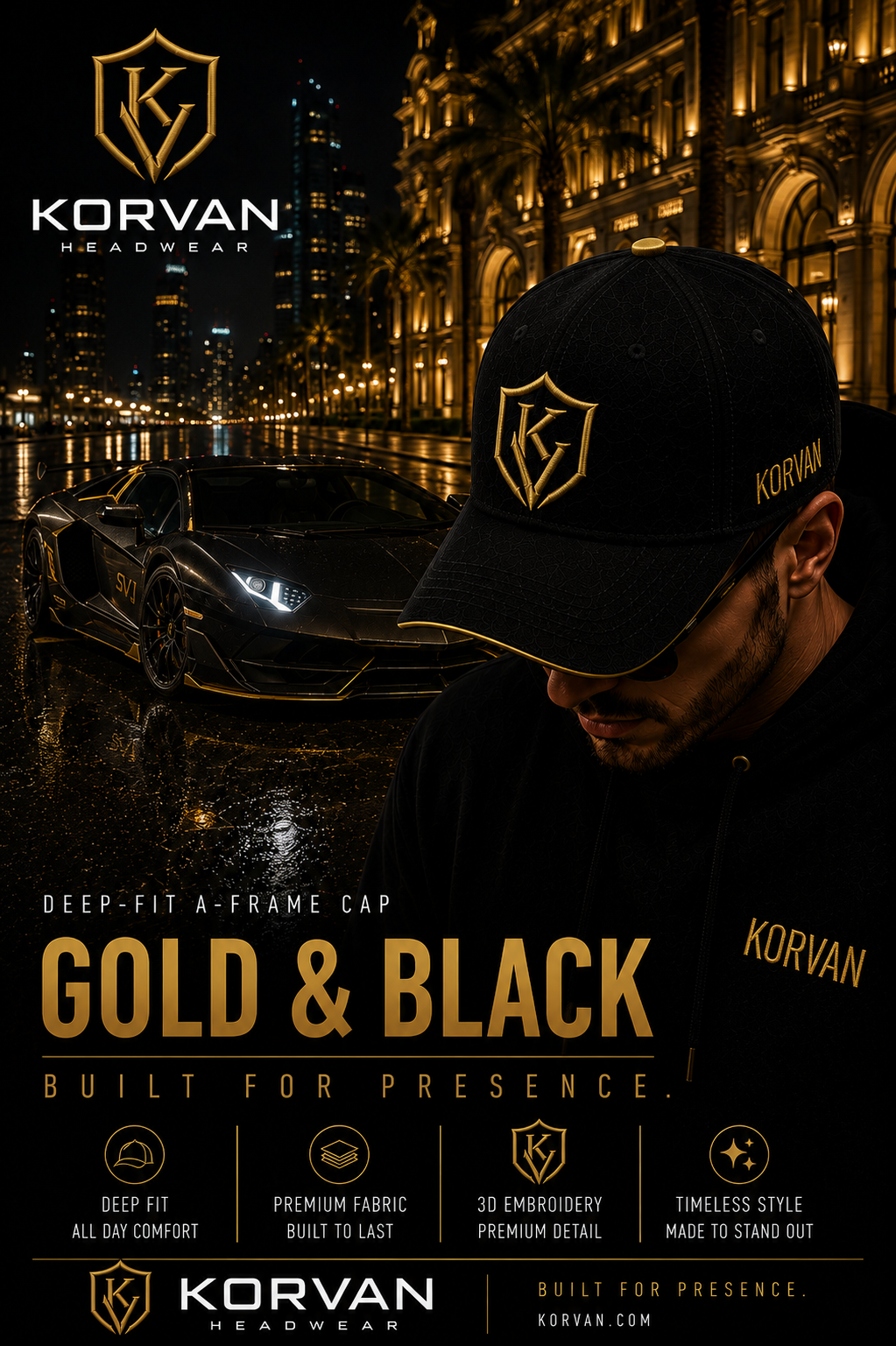 KORVAN Gold & Black Deep-Fit A-Frame Cap — campaign poster featuring man wearing black cap with gold embroidery, Lamborghini SVJ and gold-lit grand architecture at night. Built For Presence.