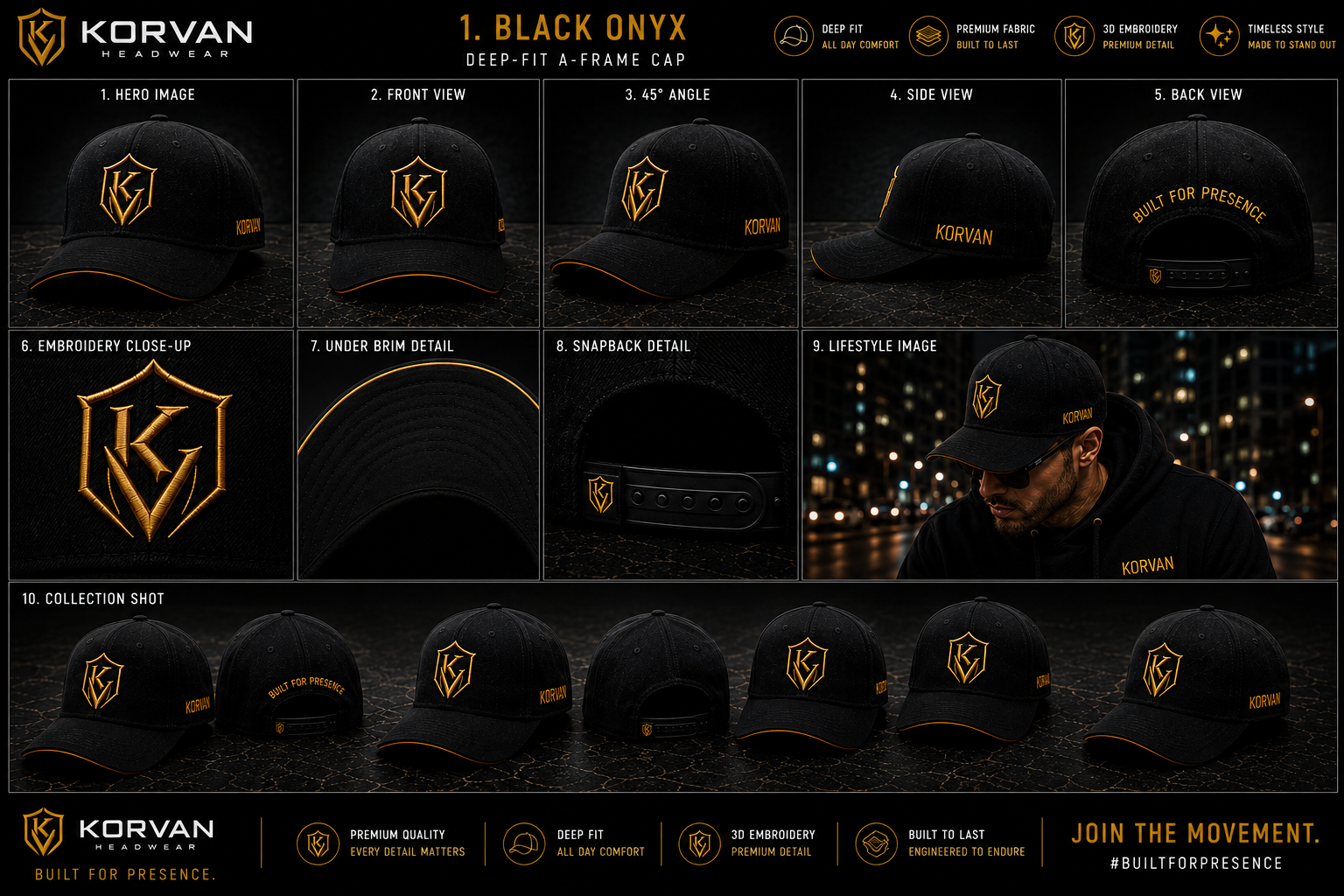 KORVAN Gold & Black Deep-Fit A-Frame Cap — product gallery showing hero, front, 45 degree, side, back, gold embroidery close-up, under brim, snapback detail, lifestyle and collection shots