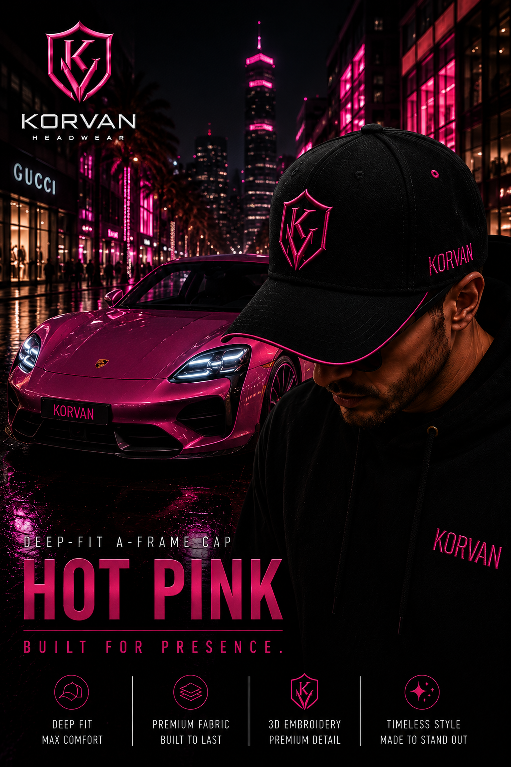 KORVAN Hot Pink Deep-Fit A-Frame Cap — campaign poster featuring man wearing black cap with hot pink embroidery, pink Porsche Taycan outside Gucci store at night. Built For Presence.