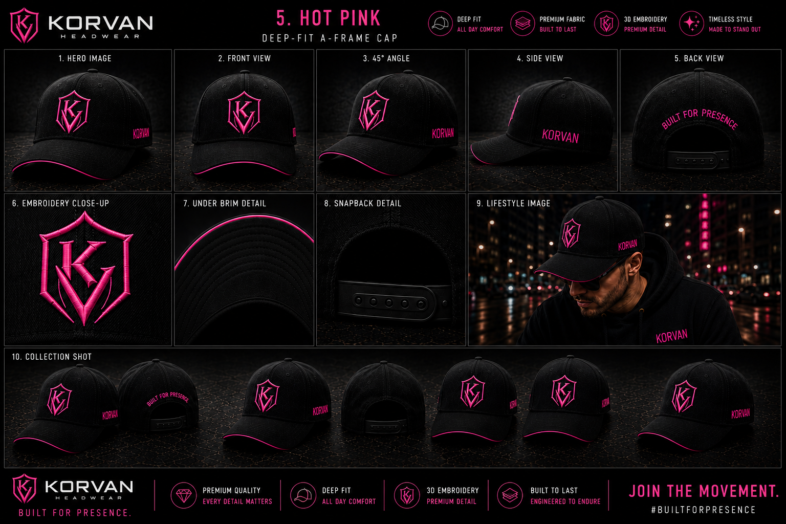 KORVAN Hot Pink Deep-Fit A-Frame Cap — product gallery showing hero, front, 45 degree, side, back, hot pink embroidery close-up, under brim, snapback detail, lifestyle and collection shots
