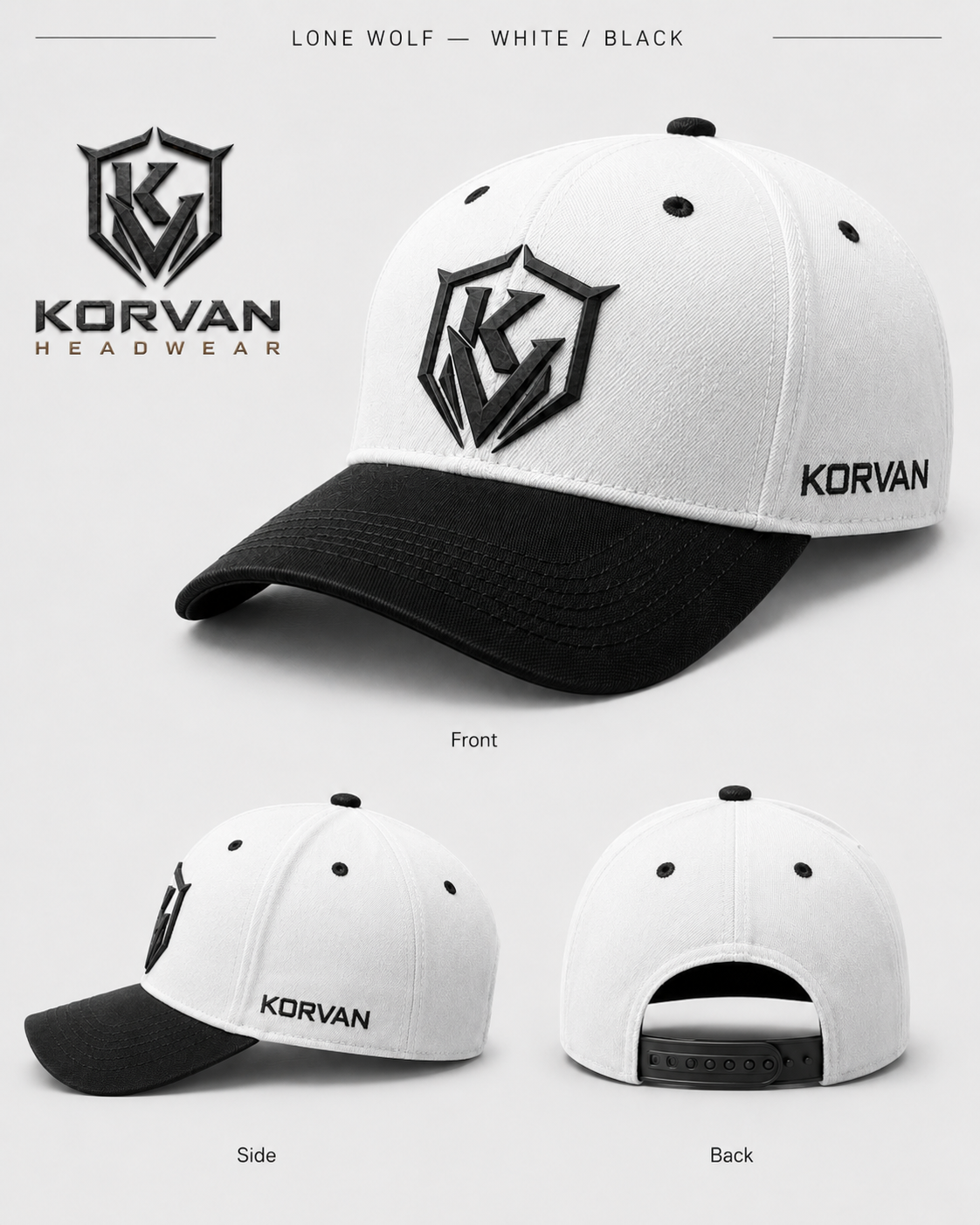 White and black cap with Korvan logo on a white background