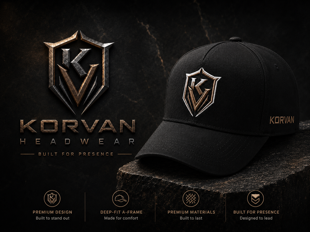 Black cap with Korvan logo on a dark background