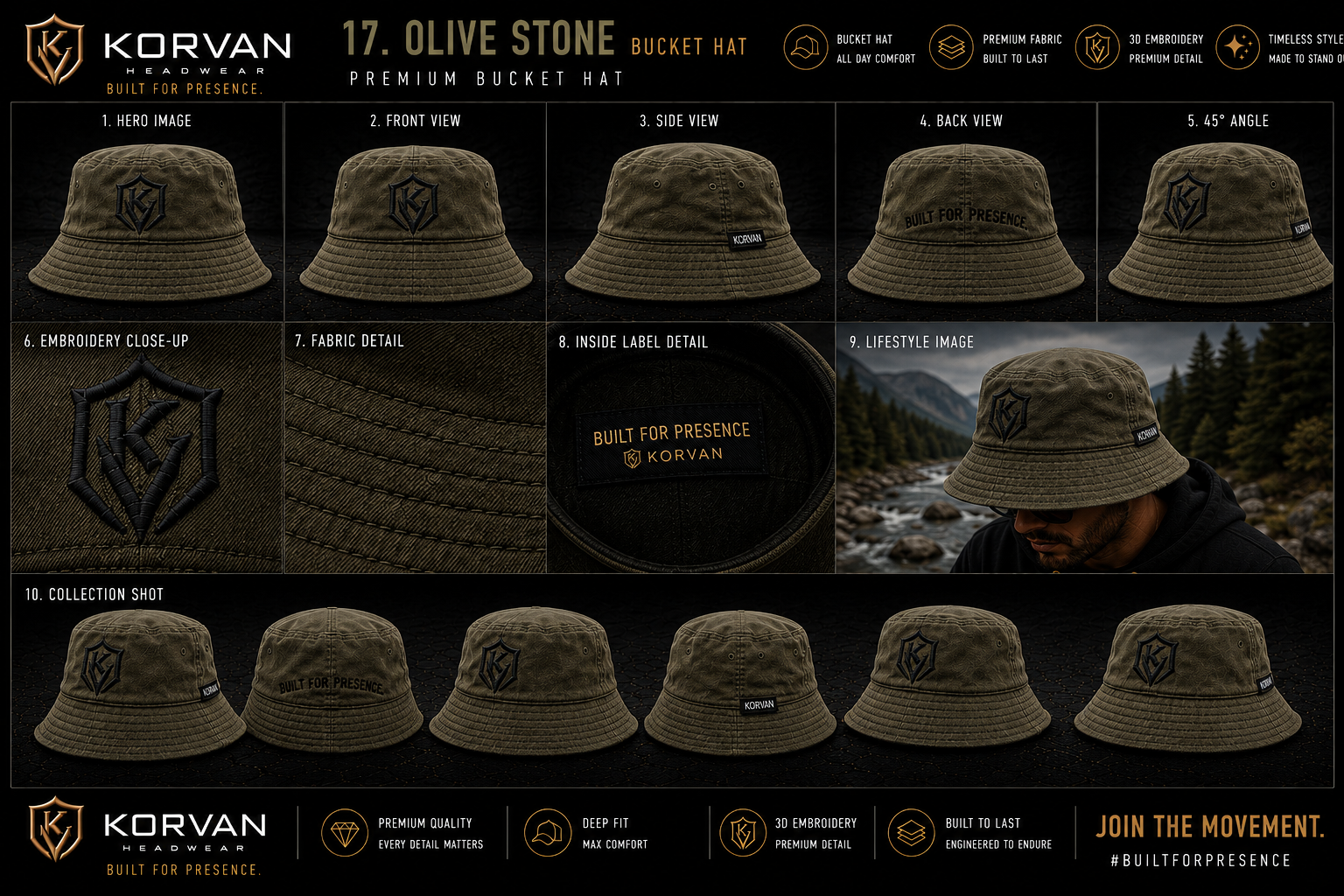 KORVAN Olive Stone Bucket Hat — Premium Bucket Hat product gallery showing hero, front, side, back, 45 degree, embroidery close-up, fabric detail, inside label, lifestyle and collection shots