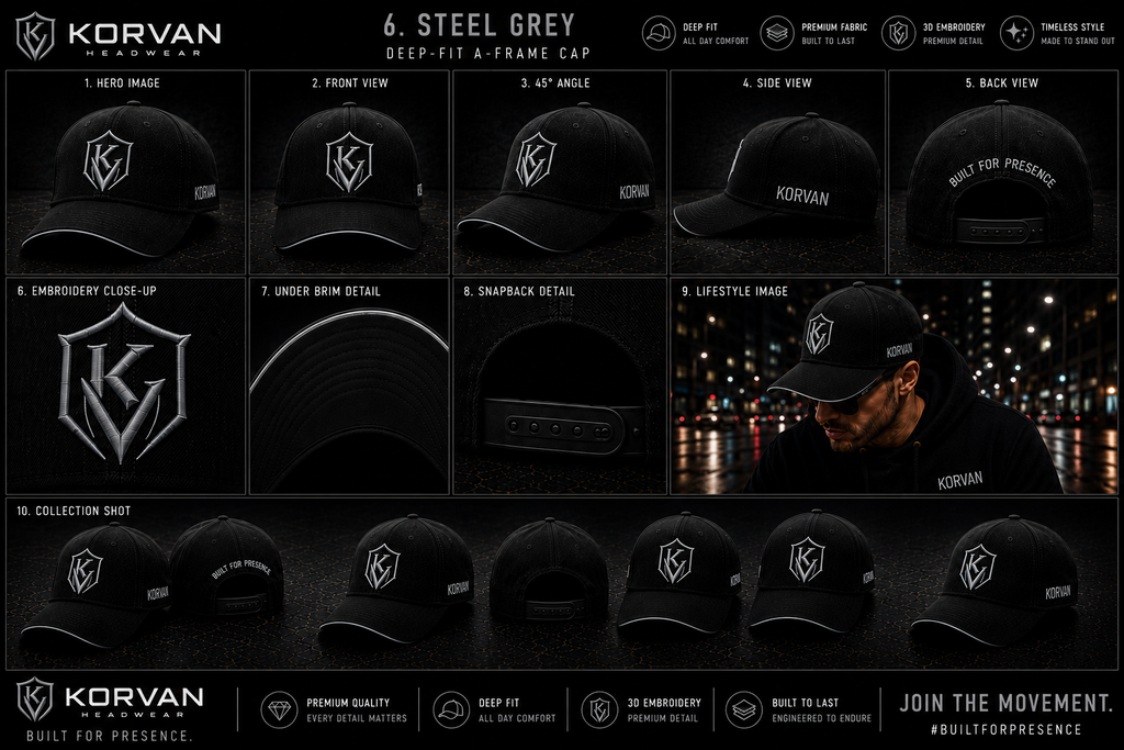 KORVAN Steel Silver Deep-Fit A-Frame Cap — product gallery showing hero, front, 45 degree, side, back, silver embroidery close-up, under brim, snapback detail, lifestyle and collection shots