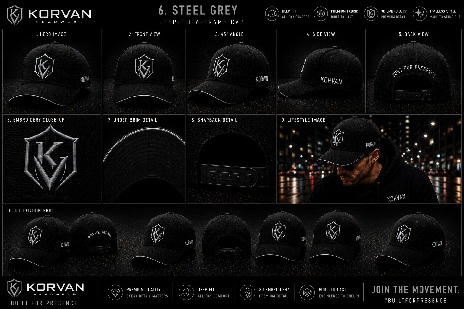 KORVAN Steel Silver Deep-Fit A-Frame Cap — product gallery showing hero, front, 45 degree, side, back, silver embroidery close-up, under brim, snapback detail, lifestyle and collection shots