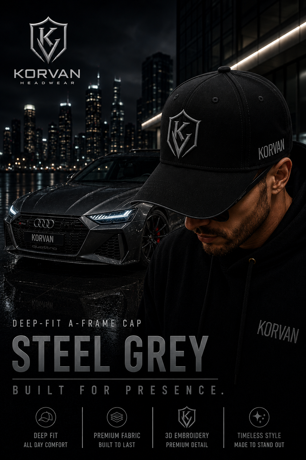 KORVAN Steel Silver Deep-Fit A-Frame Cap — campaign poster featuring man wearing all-black cap with steel grey embroidery, Audi RS Quattro and city skyline at night. Built For Presence.
