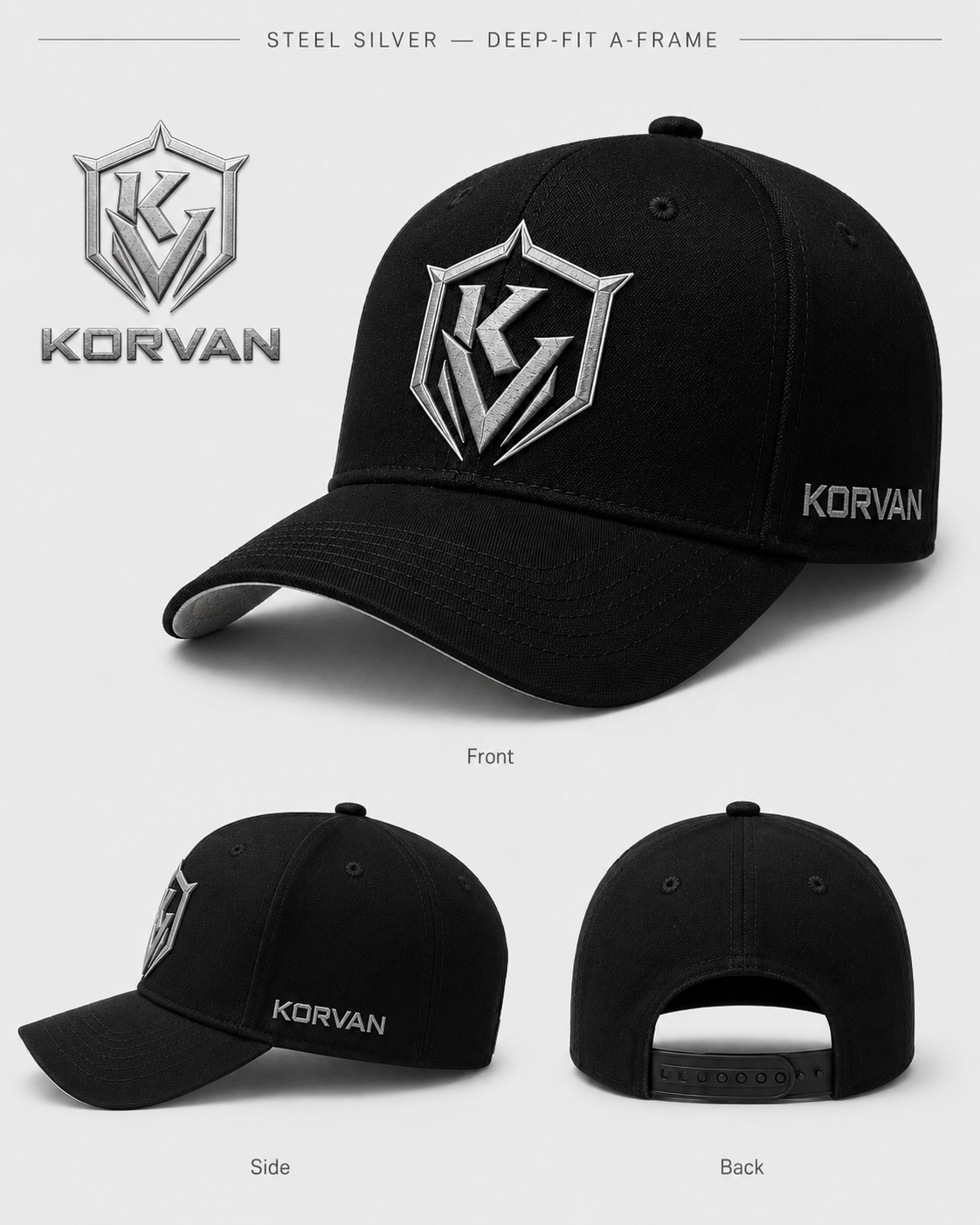Black cap with Korvan logo on a white background