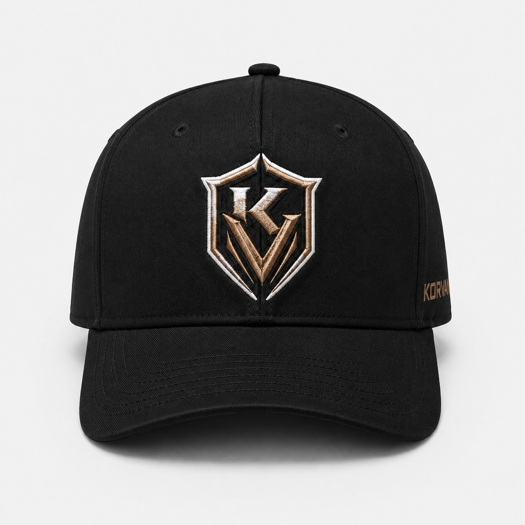 Black cap with a gold and white logo on a light gray background