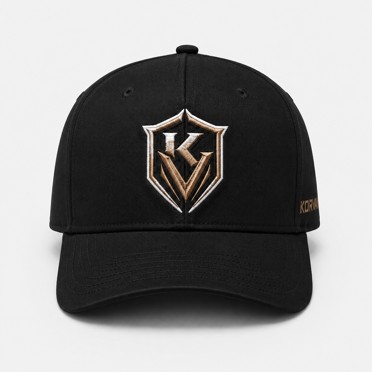 Black cap with a gold and white logo on a light gray background